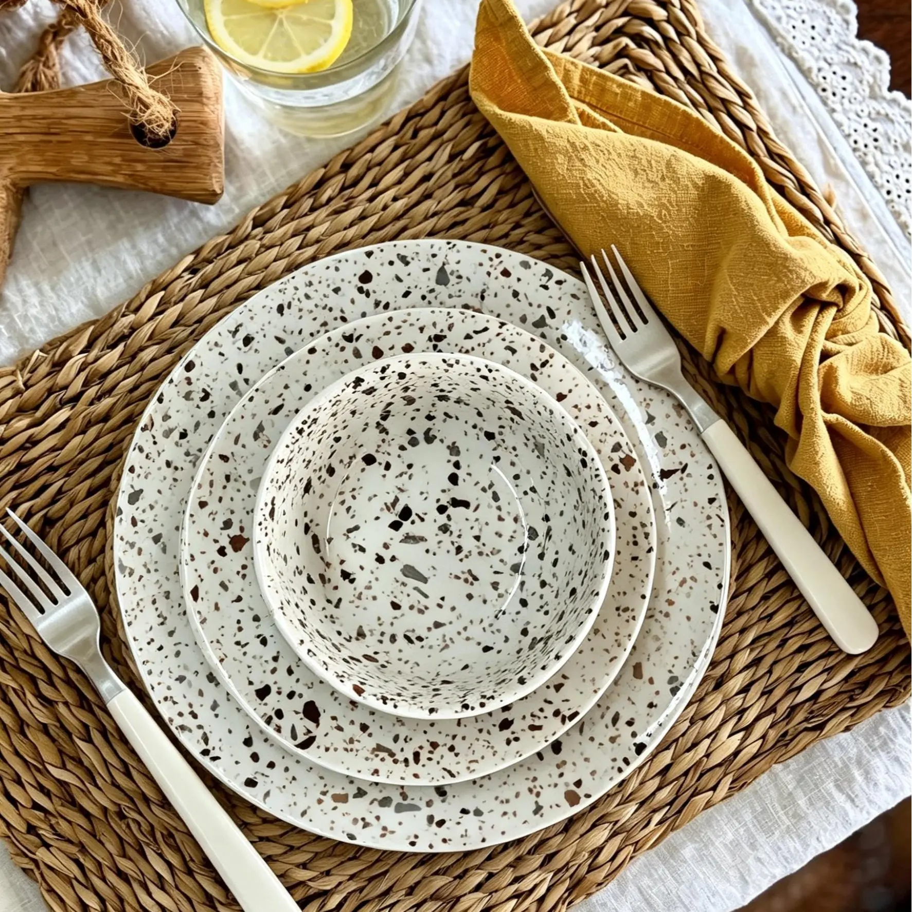 Cerelith 12 Piece Speckled Terrazzo Plates and Bowls Sets For 4, Ceramic Kitchen Dinner Set,Porcelain & Microwave and Dishwasher Safe, Cream White