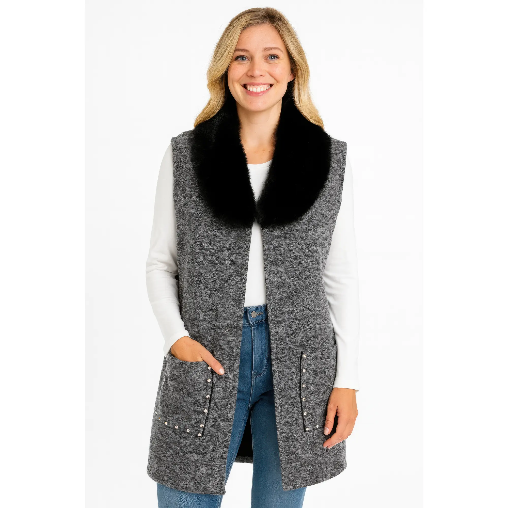 Women's Sleeveless Wool-Blend Longline Vest, Plush Faux Fur Collar, Everyday Wear, Pockets, Soft Plush Fabric, Piece