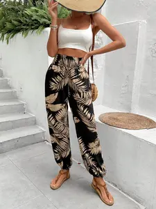 Summer Womenswear Relaxed Fit Palm Leaf Print Boho Lantern Pants, High Stretch Elastic Waist, Casual Tapered Tropical Design for Beach Outings, Bottoms
