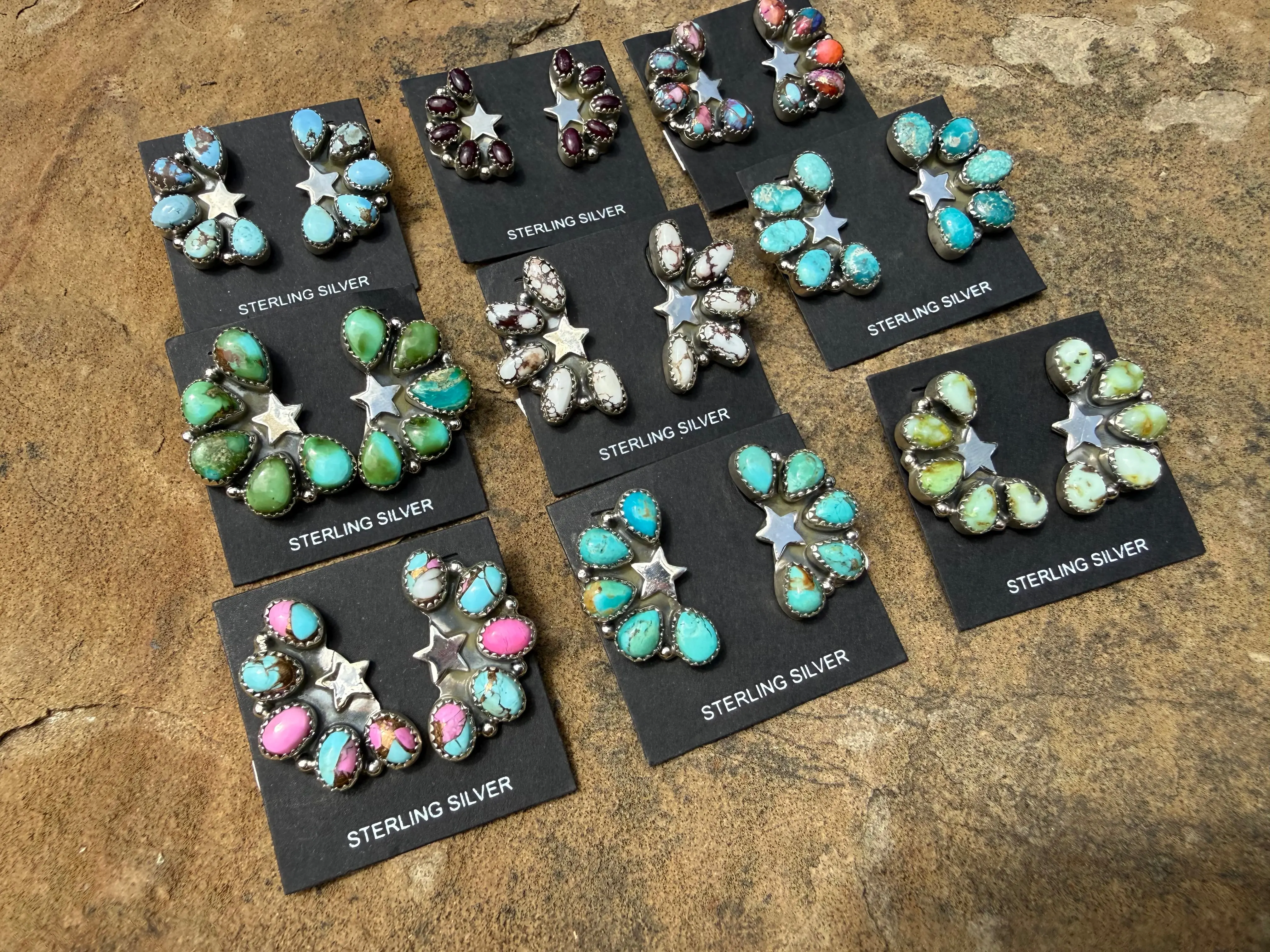 Turquoise Star and Multi Stone Half Cluster Sterling Silver Earrings