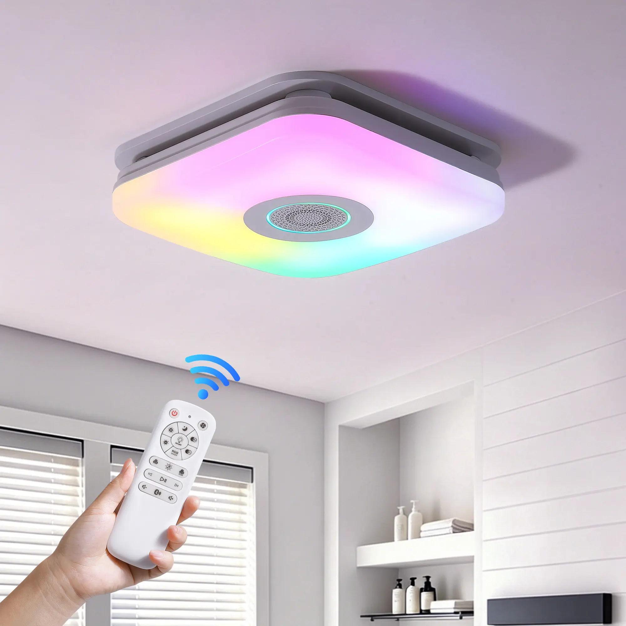 Smart RGB Bathroom Exhaust Fan with LED Light, Bluetooth Speaker, Remote/APP Control, 110/160 CFM, 1.0 Sone, Dimmable, Adjustable, Energy-Efficient, High-Speed Airflow, Easy Install, Color-Changing, Iron-Plastic Build, Universal Fit, Manufacturer Warranty