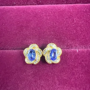 <PingEast jewelry > EDP207----Elegant 925 Sterling Silver Floral Stud Earrings in Gold Tone, Set with 4x6mm AAAA Natural Tanzanite – Comes with Certificate