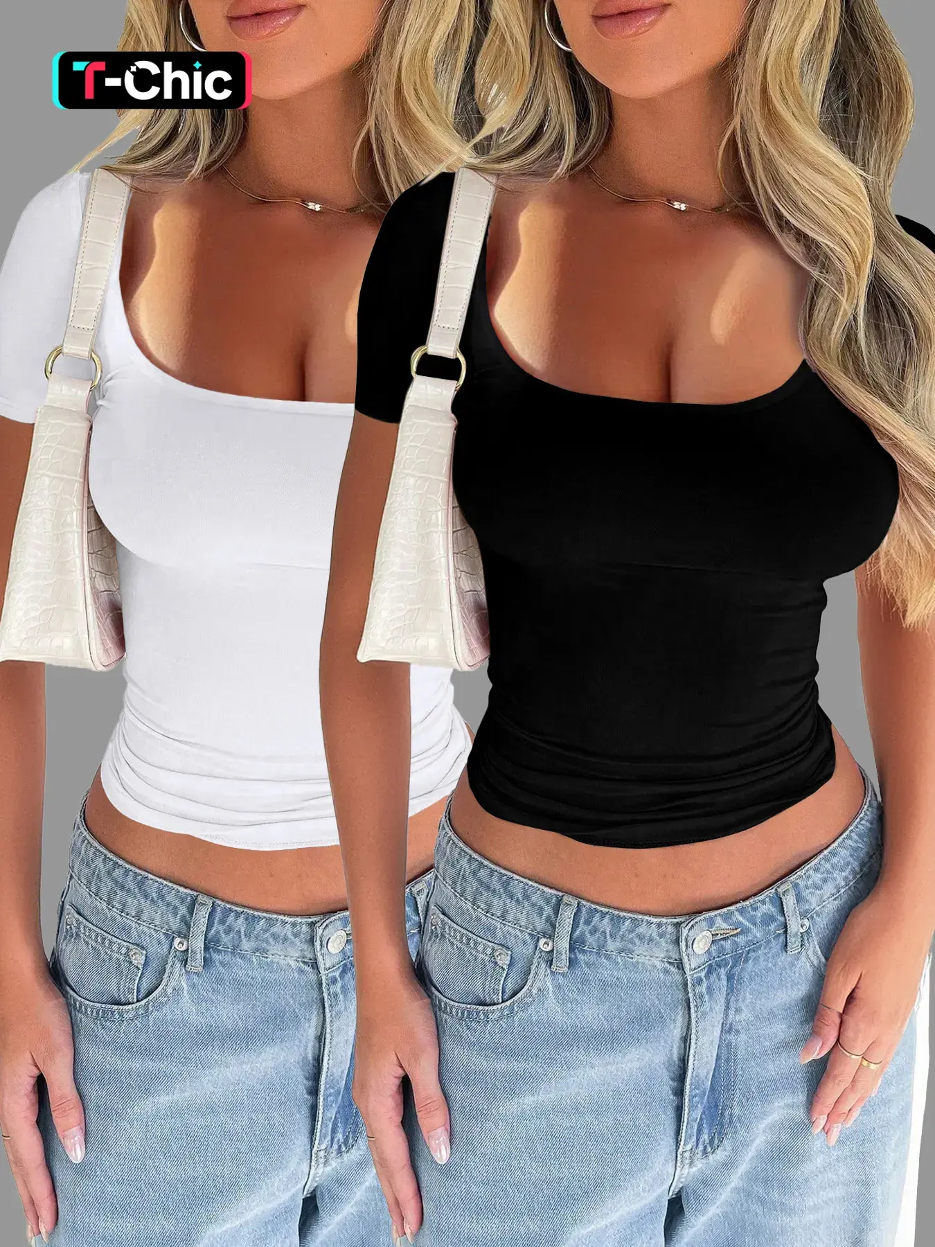 Solid Color Basic Minimalist Casual Style Slim-Fit U-Neck Short-Sleeve T-Shirt Top, Summer Thin Lightweight Knit Tee for Women, Comfortable for Everyday Daily Wear