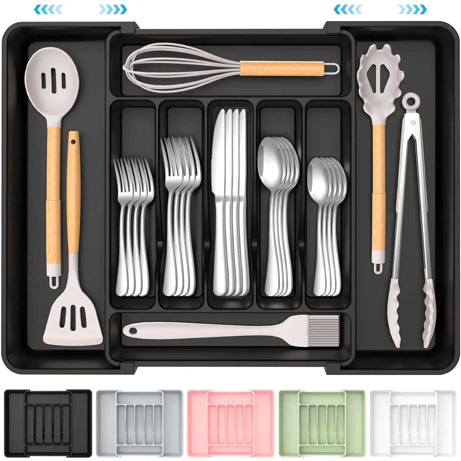 Extra Large Expandable Silverware Organizer, BPA-Free Food-Safe Cutlery Flatware Organizer, Kitchen Utensil Drawer Organizer, Adjustable Silverware Holder for Spoons Forks Knives, Black