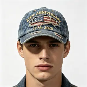 Men's Linen Distressed Denim Baseball Cap - Distressed Denim Material, 1776-2026 250th Anniversary Heritage Design, Vintage Washed Relaxed Fit, American Flag Embroidery Letters, Daily Casual Wear Outdoor Hat