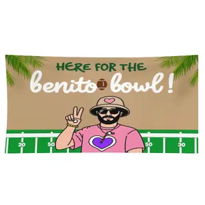 Wall Tapestry Beige And Green With Football Field Design And Text Here For The Benito Bowl Featuring Cartoon Character In Pink Shirt And Hat Suitable For Bedroom Or Living Room Decor.Dedicated customer service