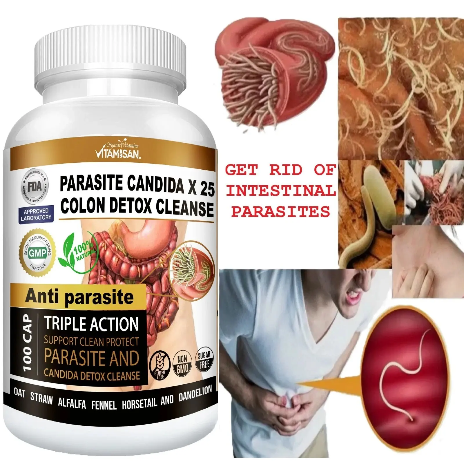 Colon Cleanse Parasite Candida 100 Capsules Natural Herbal Supplement
