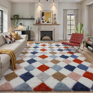 8x10 Checkered Rug for Living Room Soft Shag Area Rug Bedroom Plush High Pile Non Slip Fuzzy Carpet for Home