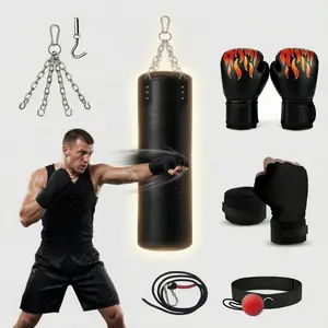 4FT Black PU Leather Heavy Punching Bag Set - Complete Home Boxing MMA Training Kit with Flame Boxing Gloves,  Reflex Ball, Hand Wraps, Iron Chain Hook, 1.7M Rope outdoorfun