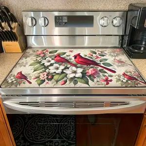 Red Cardinals Floral 2D Flat Stove Top Cover, Heat Resistant Scratch Proof Stove Protector, Easy Clean Multi-Use Mat for Stoves, Oven, Washer Dryer, Vintage Bird Kitchen Decor #RedCardinal #FloralBirdPrint #StoveProtector #HeatResistant #EasyClean