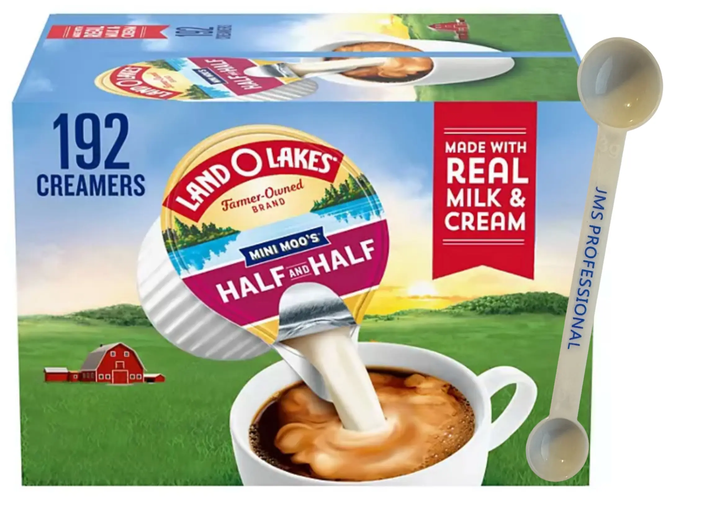 Coffee Creamer Singles Mini Moo’s Half & Half Creamer Singles, (192 Count), along with our 1g – 3g Plastic Measuring Scoop By JMS PROFESSIONAL.