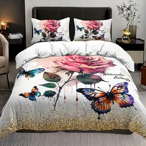 Butterfly & Rose Print Bedding Set, 3 Counts/set Including 1 Duvet Cover & 2 Pillowcases without Filler, Soft Comfortable Bedding Set for Home Bedroom Hotel, Machine Washable Duvet, Breathable Duvet Set
