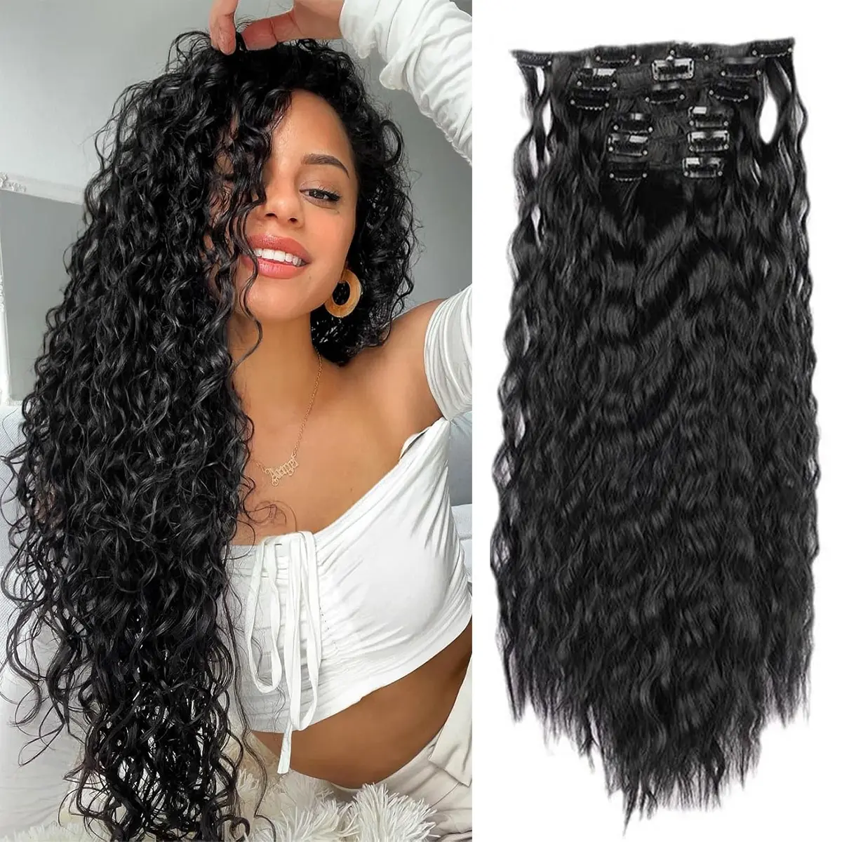 6PCS Clip In Hair Extensions Curly Wave 24Inch 160g/5.64Oz Long Synthetic Clip On Hairpieces for Women Girls Daily Black Color