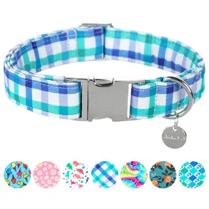 UP URARA PUP Blue Plaid Summer Cotton Dog Collar, Cute & Durable with Metal Buckle, Comfortable Pet Collar for Small Medium Large Dogs, Gift for Boys or Girls