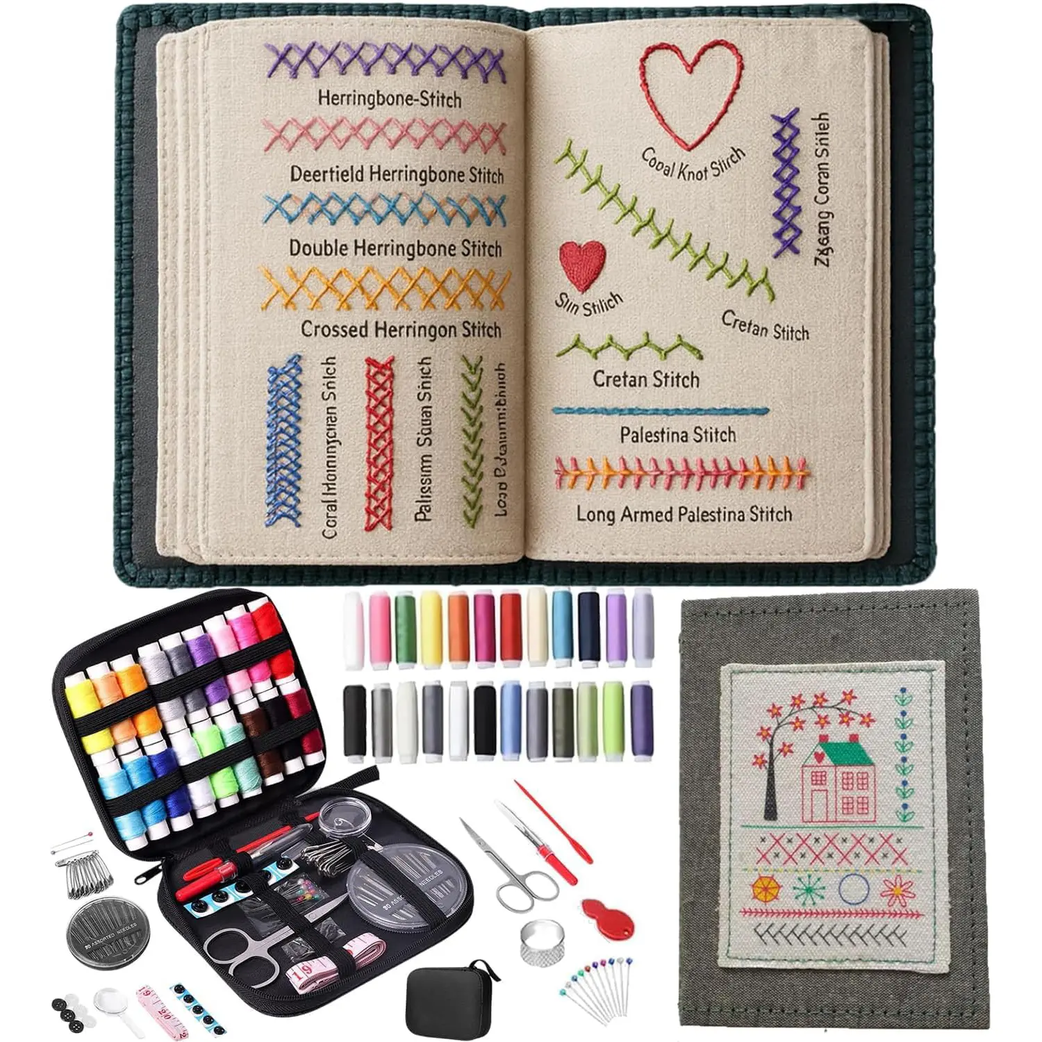 Embroidery Stitch Book Kit, Handmade Embroidery Design Set, 106 Patterns with Tools, Hand Sewing Stitches & Tutorials, 86 PCS Beginner Embroidery Kit, Portable All-in-One Hand Embroidery Book for Adults & DIY Craft Lovers