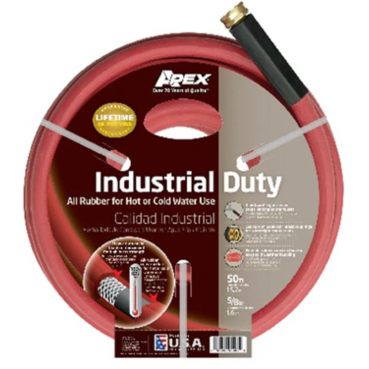 Apex 8695-50 Industrial Hot Water Rubber Hose, 0.63 in. x 50 ft., Red, Machined Crush Resistant Brass Couplings, Double Reinforced, High Burst Strength, Hot Water Use Up to 180°F, All Seasons