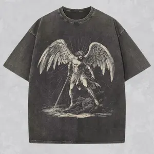 Archangel Michael Shirt Christian Streetwear Religious Gift for Him or Her Faith Apparel Comfort Tee Church Wear Catholic Clothing, Washed denim T-shirt, high quality T-shirt