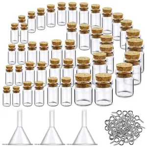 【Summervibes】45 Pcs DIY Hardware Craft Accessories Set, Mini Glass Bottles with Cork Stoppers, Assorted 0.5ml 1ml 3ml 5ml 10ml Tiny Glass Jars with 50 Eye Screws and 3 Funnels for Handmade Art Craft