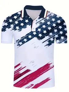 Men's Polo shirt with red, blue, and white US flag-inspired graffiti print, trendy and casual style