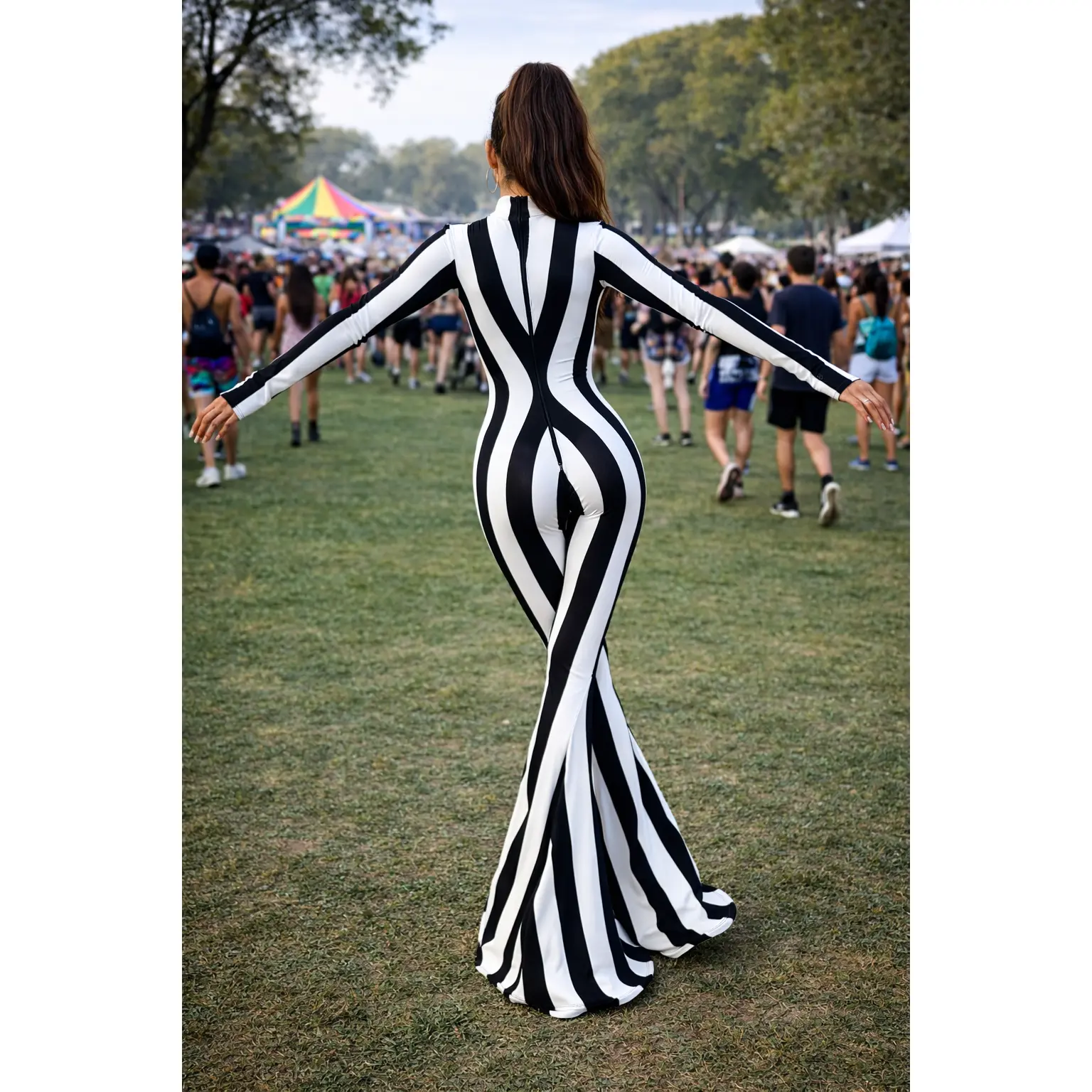 Black White Striped Jumpsuit, Bell Bottom Catsuit, Long Sleeve Bodysuit, Spandex Unitard, Festival Outfit, Rave Costume