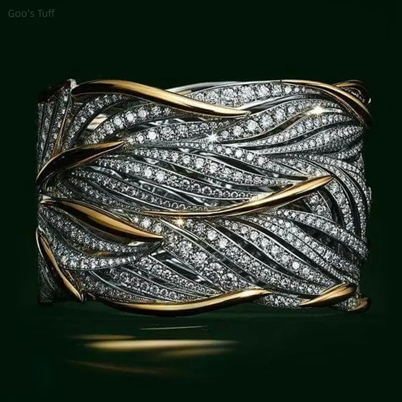 Women's 2-Tone Gold Twisted Multi-Layer Micro Pave Cubic Zirconia Stackable Costume Ring - Elegant Fashion Rings with Chic Look, Sizes 6-10, Daily Wear & Street Outfit Accessory, Cubic Zirconia Designs