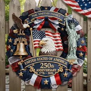 Personalized America 250th Anniversary Wooden Hanging Sign, Wreath 1776-2026 Patriotic Door Sign Semiquincentennial Family Name Decor