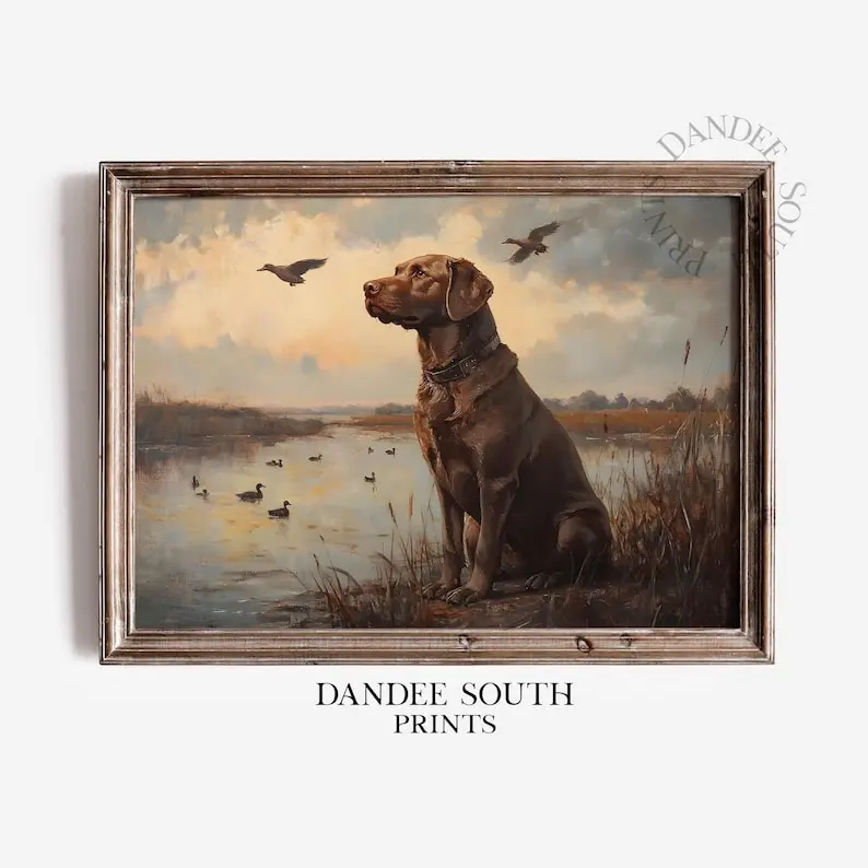 Hunting Dog Printable Wall Art, Mallard Ducks Oil Painting Wall Art Printable, Chocolate Labrador, Nature & Wildlife poster Art Prin