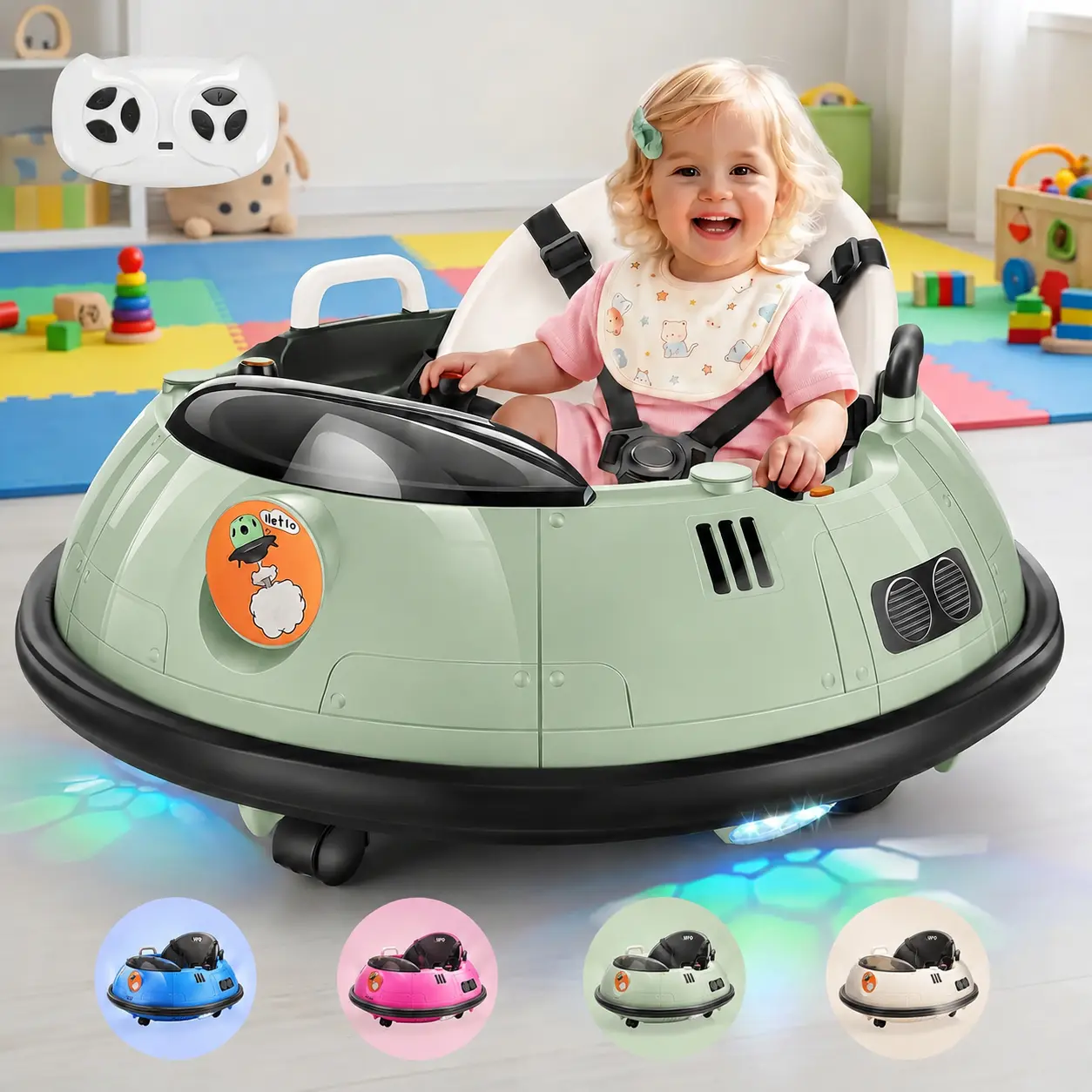 GARVEE 12V Electric Ride-On Bumper Car Toy for Toddlers (Ages 18+ Months to 6 Years) - Outdoor Kids Stuff, Remote Control, 360 Spin, LED Lights, Dual Joysticks, Safety Belt, Music, 2-Speed Modes, Anti-Collision Padding, ASTM Certified, Cool Gifts For Kids