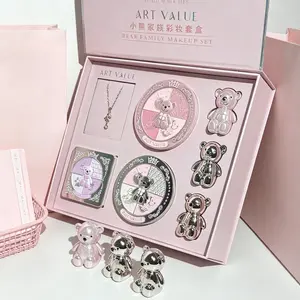 ART VALUE 7Pcs Bear Makeup Gift Box Lip Mud Blush Powder Eyeshadow With Cute Necklace Beauty Set For Girls Gift