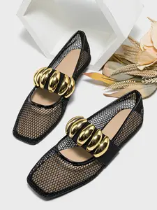 Women's Summer Flats - Cut-Out Mesh, Breathable, Elastic Strap with Metal Accents, Mary Jane Style, Round Toe, Plain Pattern Black Footwear