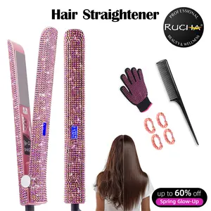 DORISILK Crystal Bling 2-in-1 Straightener & Curler - 1" Titanium Flat Iron, 480°F Salon-Grade Heat & Dual Voltage (Rose Pink)