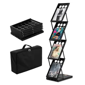 Foldable Magazine Display Rack, 4-Tier Brochure And Literature Display Stand, Portable Catalog Holder With Carrying Bag, Slim Freestanding Brochure Stand For Office Lobby, Trade Shows, Exhibitions, And Events, 4 Pockets