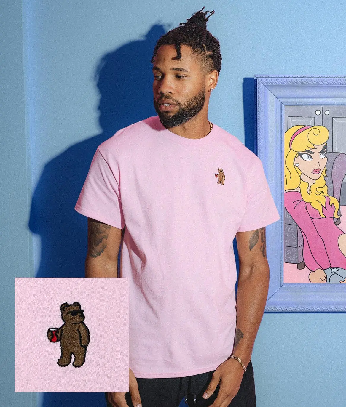 Riot Bear Embroidered Mens T-Shirt - Pink