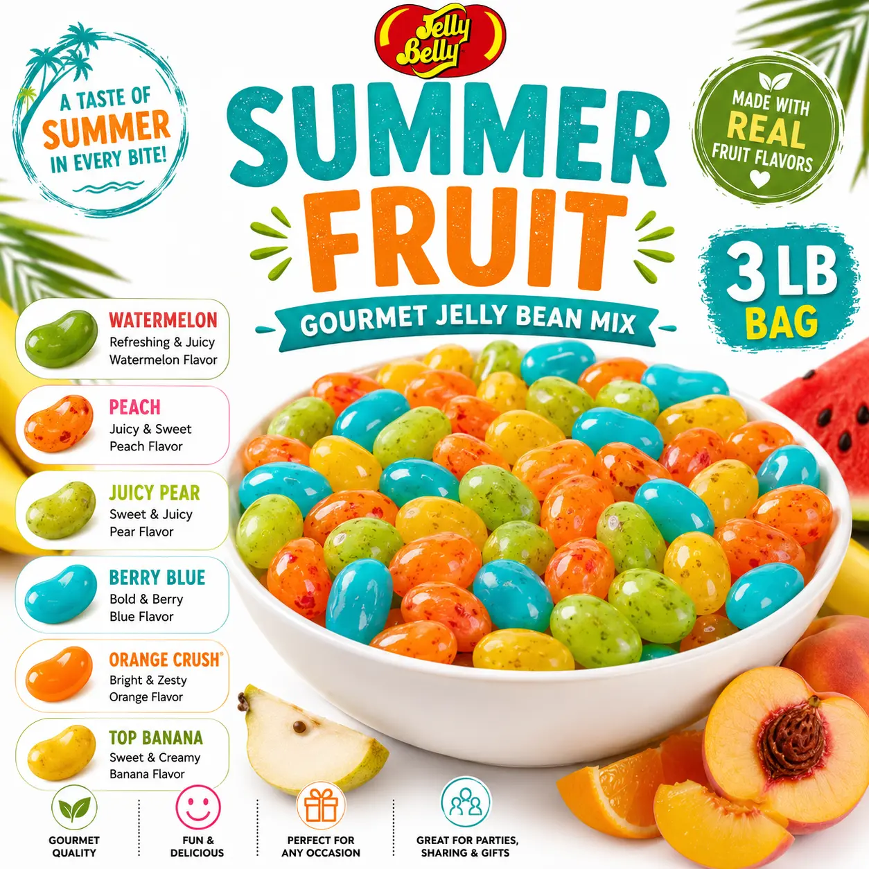 Jelly Belly Summer Fruit Gourmet Jelly Beans Mix Snack - Watermelon, Peach, Juicy Pear, Berry Blue, Orange Crush, Top Banana - 3lb Bulk Bag for Party Candy Buffet, Birthday Dessert Display - Soft Chewy Sweet Fruit Treats