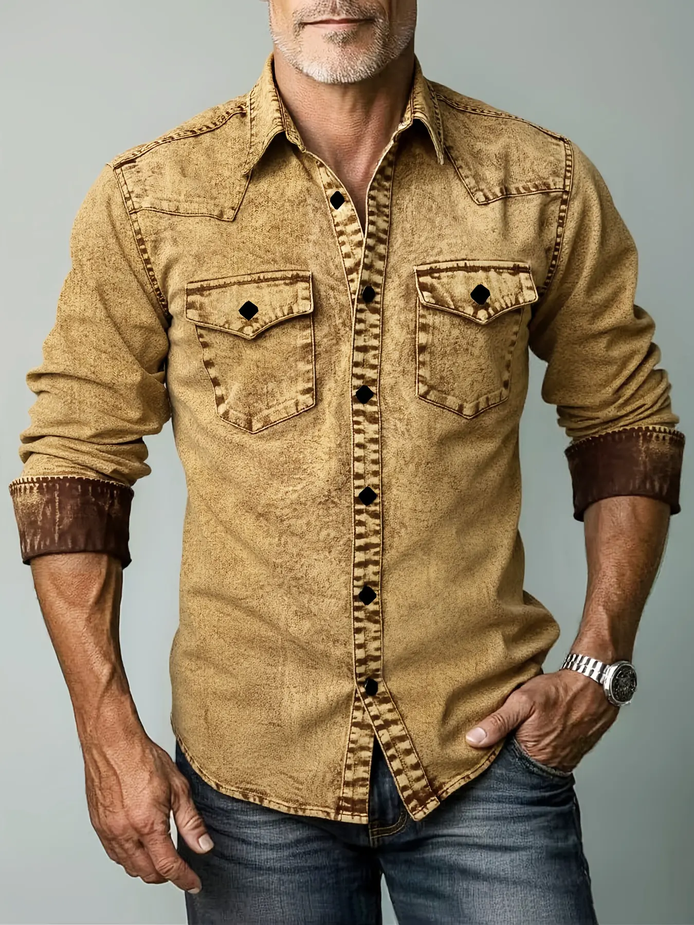 Men's Vintage Washed Denim Shirt Jacket, Long Sleeve Casual Button-Down Top with Double Chest Pockets, Retro Vibe