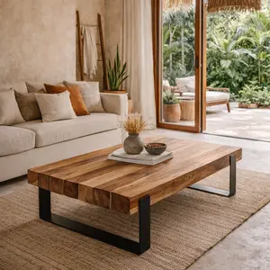 Reclaimed Teak Coffee Table with Metal Base | Handcrafted Solid Wood Coffee Table | Sustainable Modern & Rustic Living Room Furniture