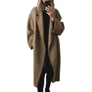 Women’s Winter Double-Breasted Long Wool Coat with Notched Lapels