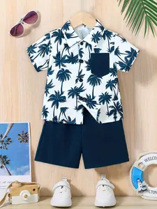 Baby Boys Summer Set, Casual Vacation Style Button-Up Shirt & Solid Color Shorts, Breathable Fabric, Perfect Gift for 0-3 Years, Newborn, Baby Boy Clothes