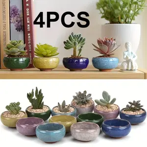 4-pack SummerVibes mini ceramic succulent planter with drain holes - Hand cracked glaze jar cactus, air plant, home decor flower pots, plant stands for indoor plants