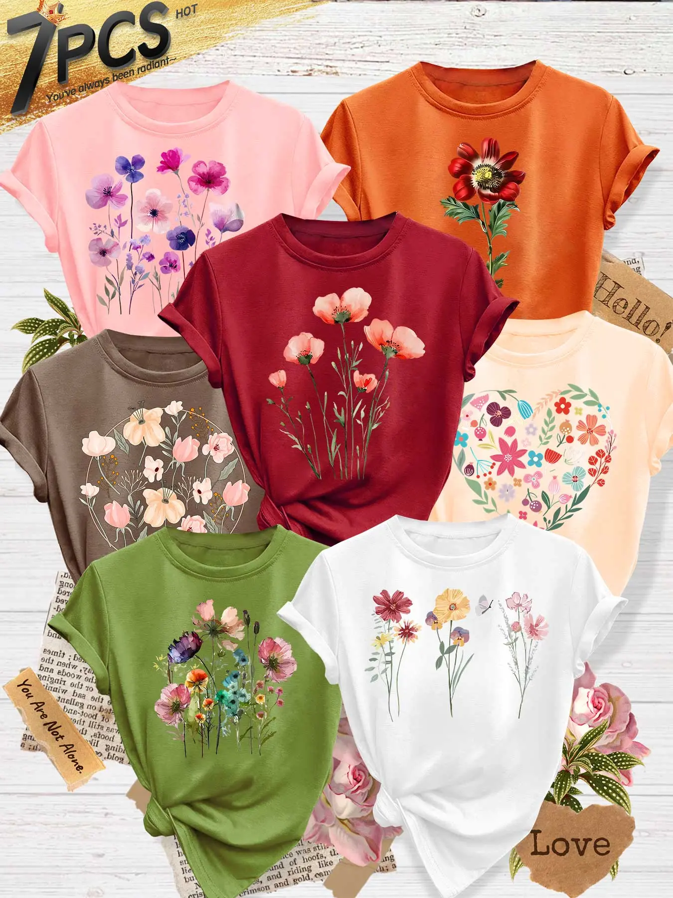 7pcs Plus Size Women's Crew Neck T-Shirt, Poppy & Watercolor Floral Print, Multiple Colors Available, Machine Washable, Spring & Summer Casual Top, Soft Skin-Friendly Fabric, Daily Versatile, Fashion Design