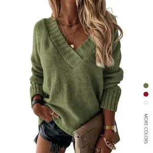 Danedvi Womens Loose Sweaters Sexy V Neck Long Sleeve Solid Knitted Jumper Pullover Sweatshirt Tops Casual Fuzzy Knitwear