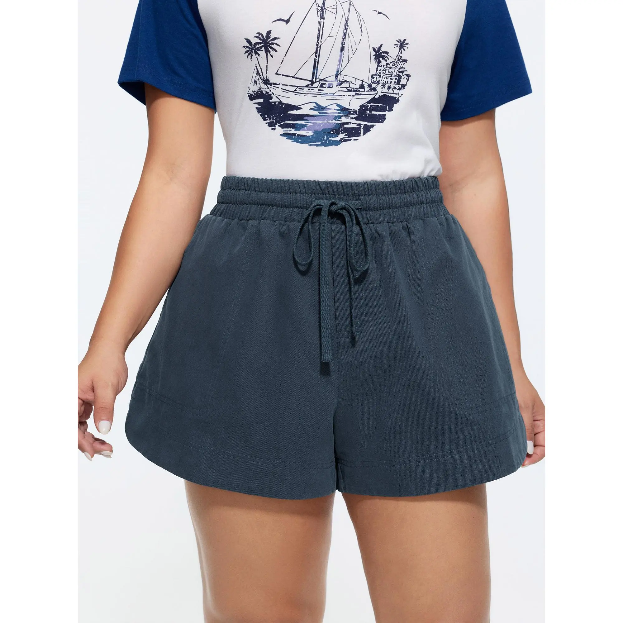 BLOOMCHIC Women's Plus Size Casual Cotton Fabric Shorts - Smooth Fit, Drawstring Waist, Straight-Leg, Pocket, Cold Wash/Machine Wash, M-6X, 2026 Spotlight, Summer Wear, Fitted, Above Knee Length, Seamless Cotton Mid-Rise Shorts, Solid, Garment, Bottom, Ba