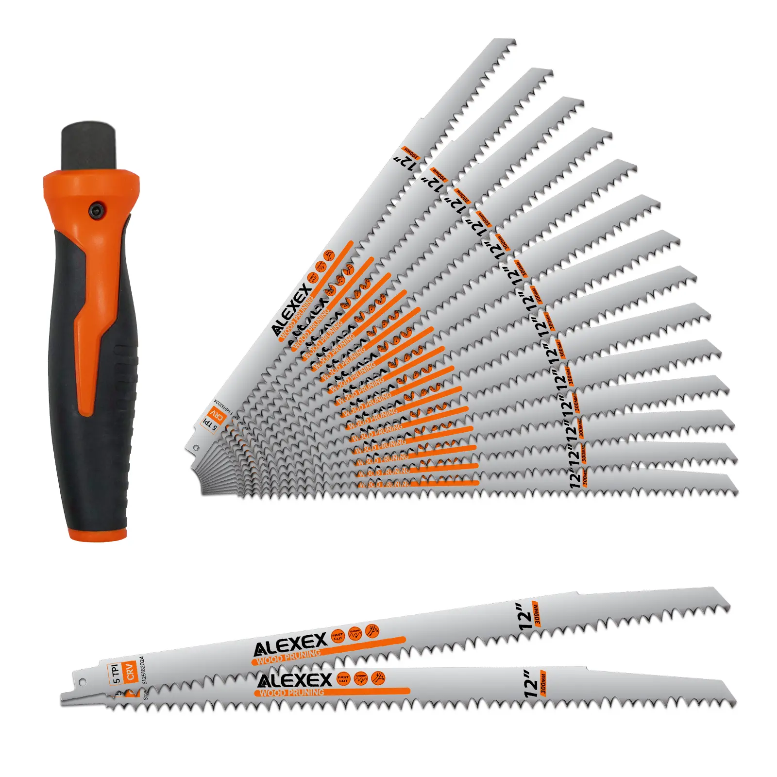 16-Pack 12in 5TPI High-Quality Cr-V Steel Reciprocating Saw Blades (Hardware) with Fleam-Ground Teeth for Longer Life, Faster Cutting, Tree Trimming, Wet Wood Cutting & Rhizome Removal, Includes 1 Handle, Removal Of Rhizomes