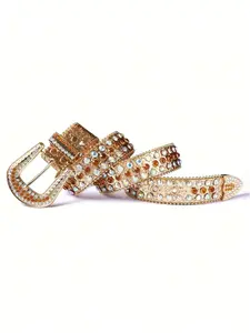 1pc unisex American cowgirl western country style luxury fashion Bling Bling gorgeous party golden three-row color diamond glitter vintage/alloy buckle diamond belt suitable for daily use nightclub rock street matching jeans friend gift