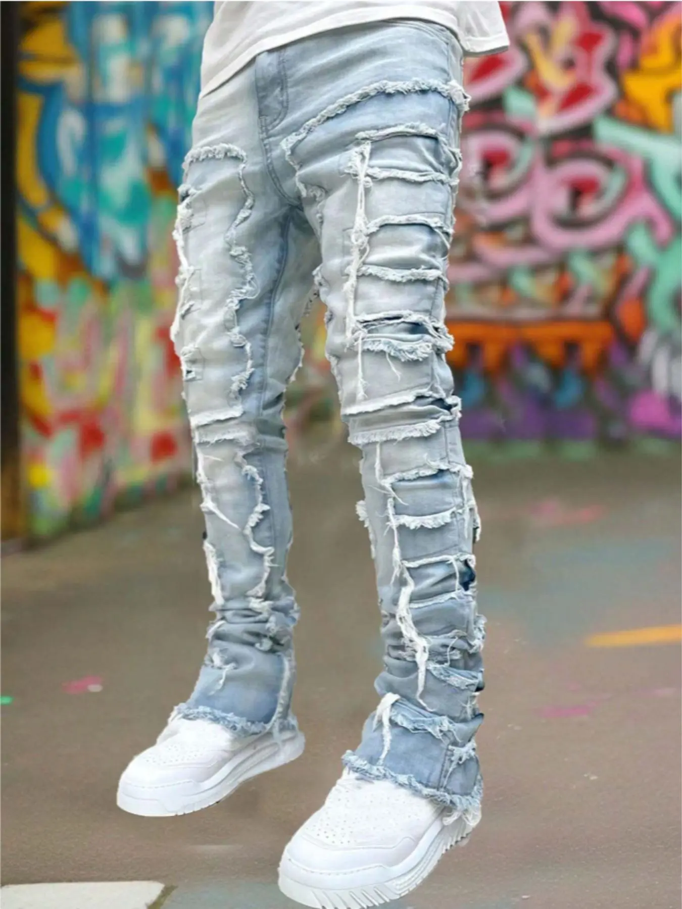 Men's Regular Fit Plain Embroidery Ripped Straight Leg Frayed Distressed Denim Jeans, Embroidered Casual Jeans, Casual Comfy Denim Pants for Daily Wear, Fashion Streetwear Men's Bottoms for All Seasons