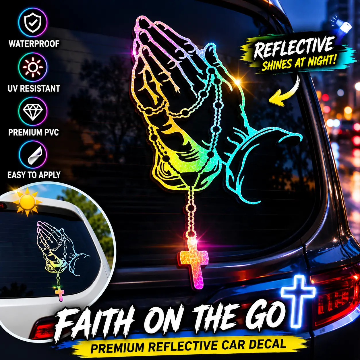 Prayer Hands Cross Car Sticker – Waterproof Reflective Decal for Auto Body & Window, Easy Apply Christian Vinyl Sticker, Multi-Color Faith Car Accessory