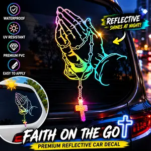 Prayer Hands Cross Car Sticker – Waterproof Reflective Decal for Auto Body & Window, Easy Apply Christian Vinyl Sticker, Multi-Color Faith Car Accessory