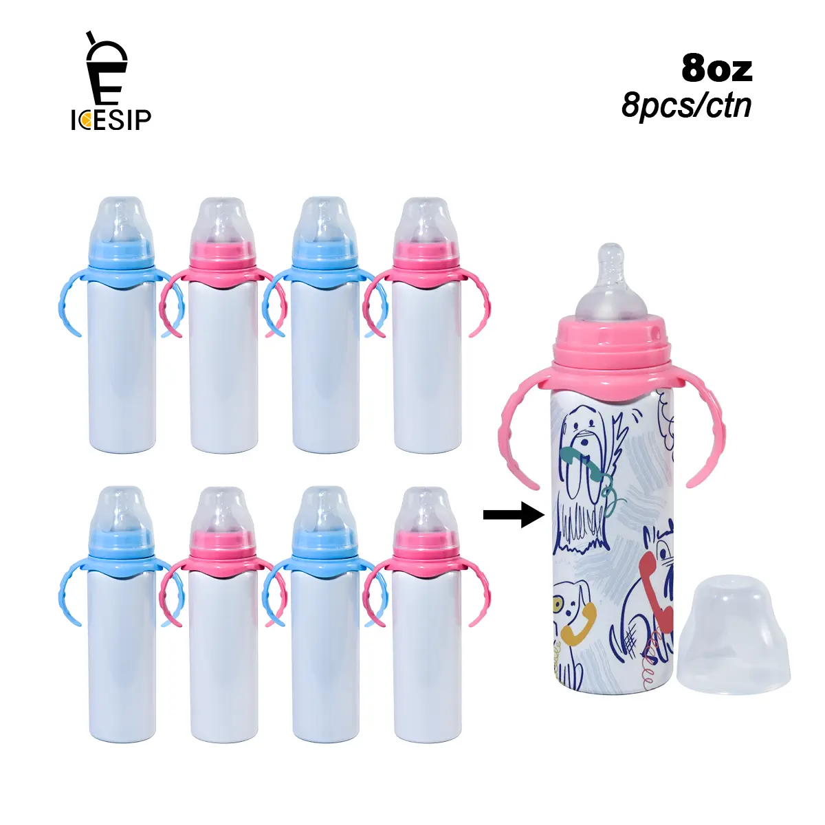 Icesip 8-Piece Unisex Reusable Washable White Sublimation Blank Stainless Steel Tumbler Set (8oz/240ml) - 8oz Sublimation White Bottle, Mixed Blue & Pink Handles, Silicone Sipper Spouts, Gift Pack for Party Events, Fast Ship Tomorrow, Drinking Cup
