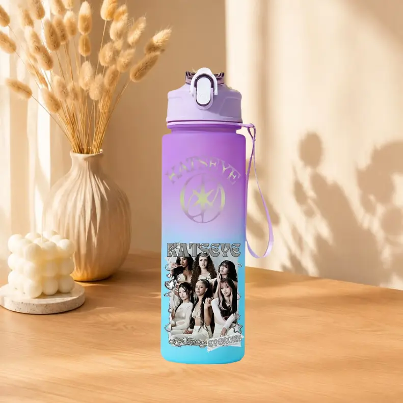 KATSEYE Member Graphic Water Bottle 24oz - Cute Gradient Purple Water Cup with Straw for School, Gym & Daily Hydration
