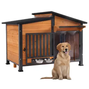 Aivituvin-AIR7021 Metal Frame Wooden Dog House | Waterproof Roof,Dog Furniture,Ourdoor Dog Crate